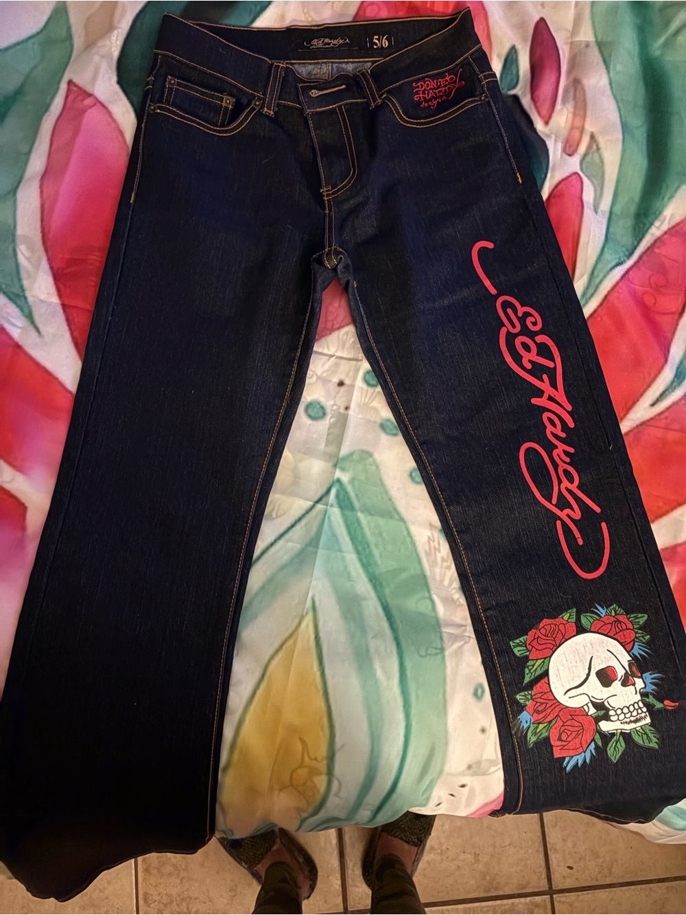 Ed Hardy Dark Blue Jeans with Red Script & Multicolor Skull Patch